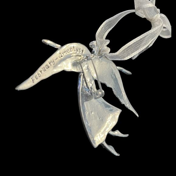 Birthstone Pewter Angel BROOCH PIN Ornament 3" Pendant February Amethyst Crystal - Picture 3 of 6